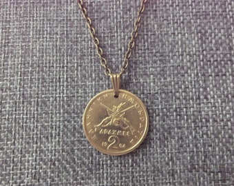 Greek Gold Colored Coin Necklace - Greece Pendant with Bail and Chain - 1984 Greece Rifle Necklace