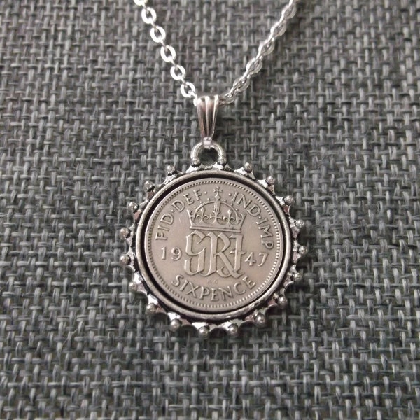 British Sixpence Coin Necklace -  British Six Pence Coin Pendant in Pendant Tray- 1947 British Six Pence Coin Necklace