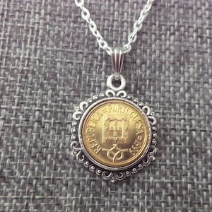 Portugal Necklace in Pendant Tray - Portugal 1999 Coin Necklace - Portugal Coin Pendant