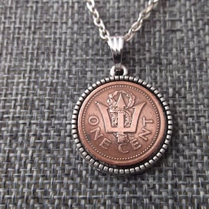 Barbados Trident Coin Necklace - Barbados Trident One Penny Coin Pendant in Pendant Tray