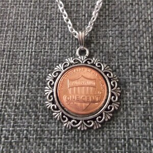 United States Penny Coin Necklace in Pendant Tray -  US Penny Coin Pendant in Pendant Tray-