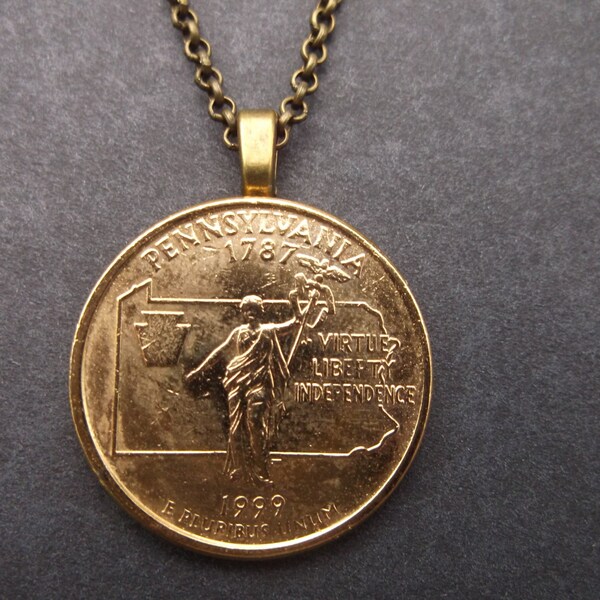 Pennsylvania United States Gold Colored Quarter Coin Necklace United States Gold Colored Pennsylvania Quarter Pendant