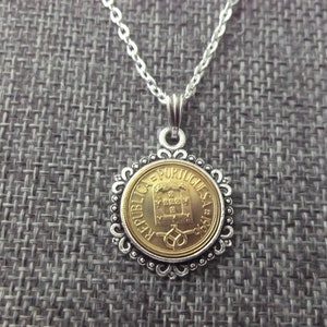 Portugal Necklace in Pendant Tray - Portugal 1996 Coin Necklace - Portugal Coin Pendant
