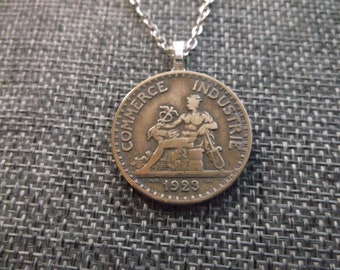 France  Franc Gold Colored Coin Necklace -  1923 France Coin Pendant with Bail and Chain