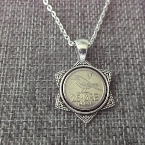 Norway 25 Ore Coin Necklace - Norway 25  Ore Norge Coin in a  Pendant Tray- 1971 Norway Coin Necklace