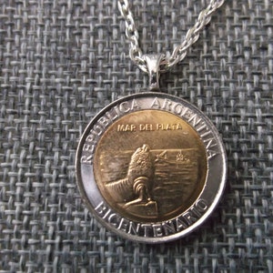 Argentina Mar Del Plata Coin Necklace -Republic of Argentina  Coin Pendant with Bail and Chain- Coin Necklace