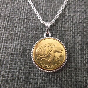 Cape Verde Gold Colored Coin Necklace - Cape Verde Turtle Tartaruga Coin in a Pendant Tray