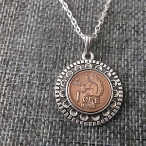 Norway Squirrel 1 Ore Coin Necklace - Norway 1  Ore Norge Coin in a  Pendant Tray- 1965 Norway Coin Necklace