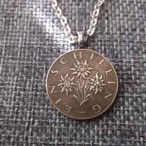 AUSTRIA Gold Colored Coin necklace pendant Austrian Schilling Edelweiss Flower Pendant -  Austria Necklace