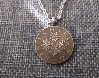 AUSTRIA Gold Colored Coin necklace pendant Austrian Schilling Edelweiss Flower Pendant -  Austria Necklace