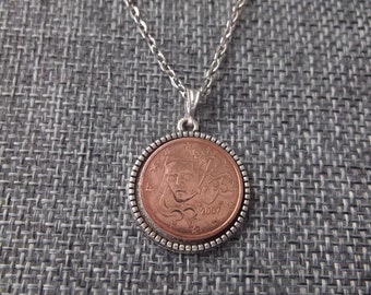 France Copper Colored 2 Cent Euro Necklace -2007 France 2 Cent Euro Coin in Pendant Tray