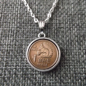 Norway Squirrel 1 Ore Coin Necklace - Norway 1  Ore Norge Coin in a  Pendant Tray- 1965 Norway Coin Necklace