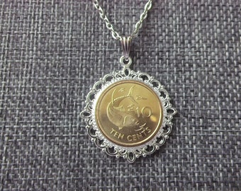 Republic of Seychelles Coin Necklace - Seychelles Tuna Fish Coin in a Pendant Tray