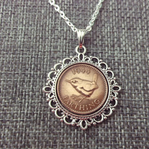 Great Britain Farthing Bird Coin Necklace - Great Britain Pendant dated 1944 in a Pendant Tray