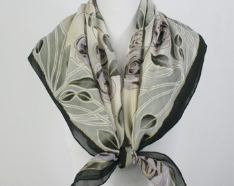 Vintage Scarf Gray Roses Gold Leaf Chiffon Worth Large Square Scarf
