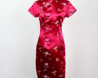 Vintage Cheongsam Red Satin Dress Size 34