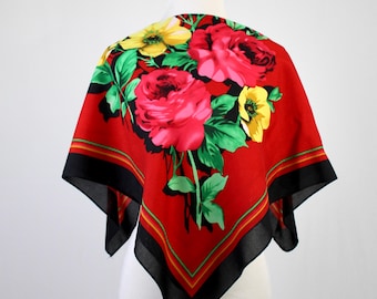 Vintage Scarf Red Floral Large Square Scarf