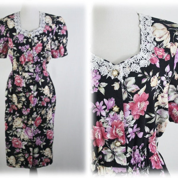 Vintage 1980s Dress Ms Basia Petites California Rose Print Cotton Floral Dress