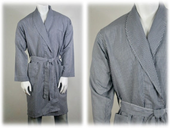 Vintage Men's Robe Embassy Navy Gingham Wrap Shaw… - image 1