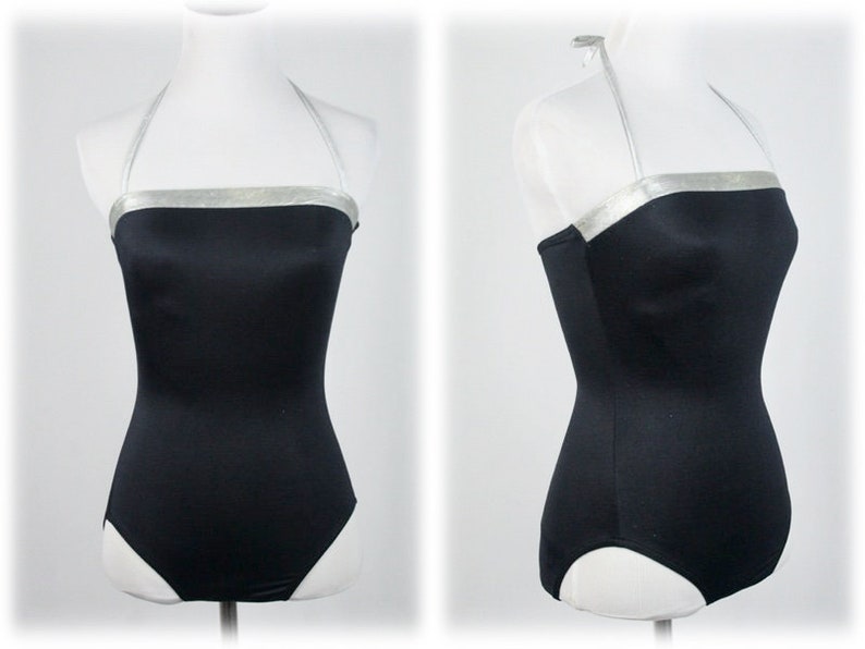 1980s Swimsuit Black Silver Trim One Piece JC Penney Bathing Etsy