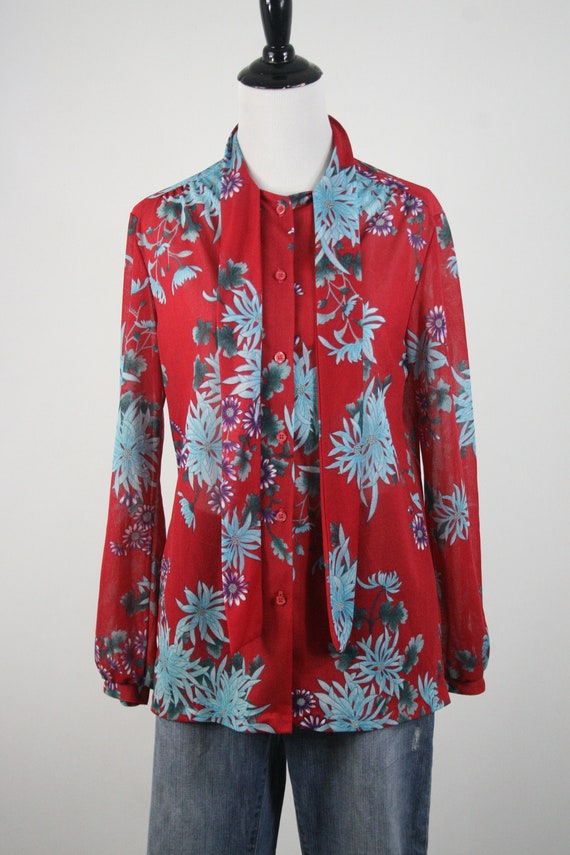 Vintage 1970s Blouse Pussy Bow Semi Sheer Floral … - image 3
