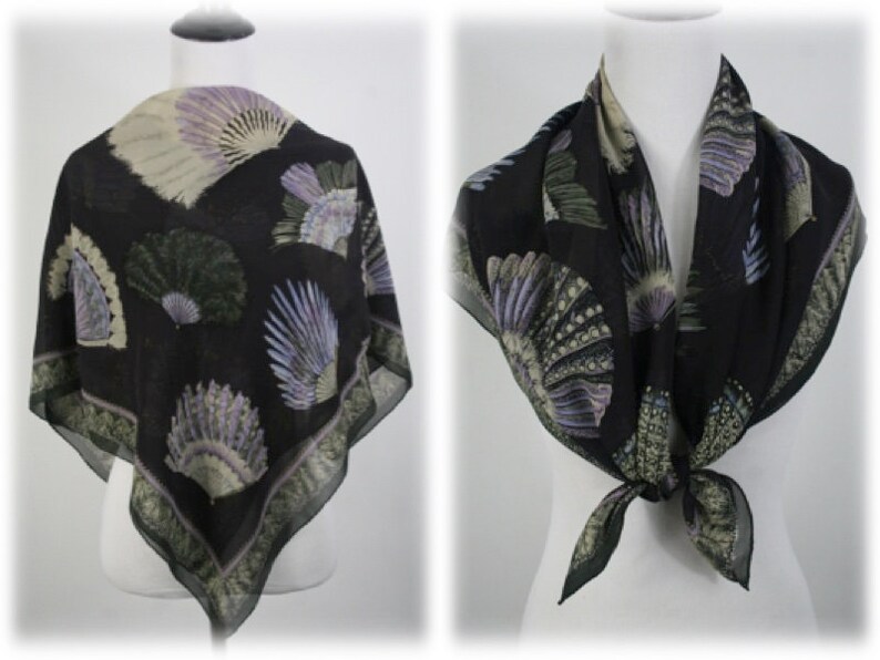 Vintage Scarf Worth Large Square Chiffon 1920s Feather Fans Scarf image 1