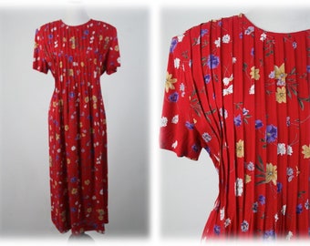 1990s Dress Red Floral Rayon Positive Attitude Dress Size 12