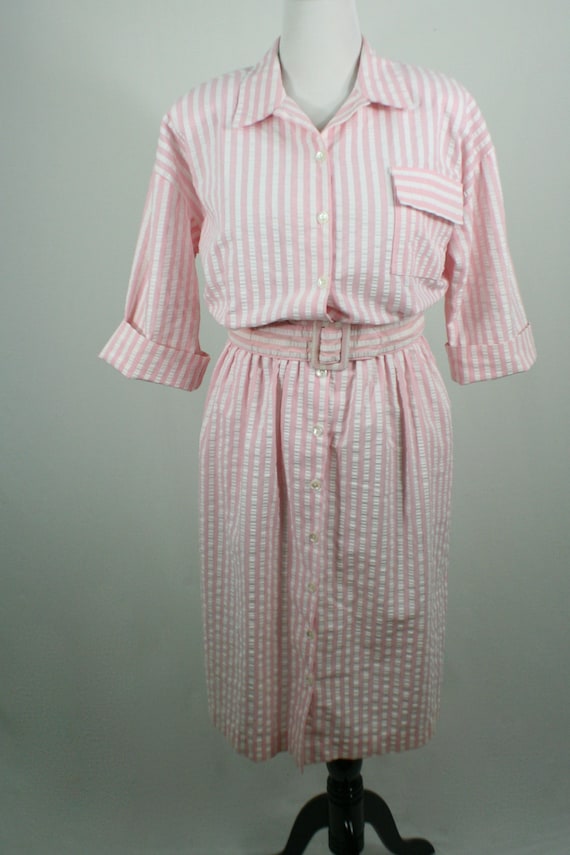 Vintage 1980s Dress Pink White Seersucker Shirt D… - image 3