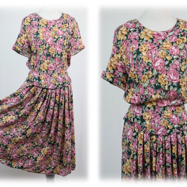 Vintage 1990s Dress Floral Rayon Miss Dorby Dress, Size 12