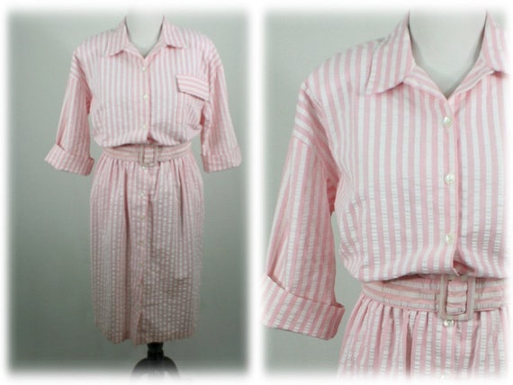 Vintage 1980s Dress Pink White Seersucker Shirt D… - image 1