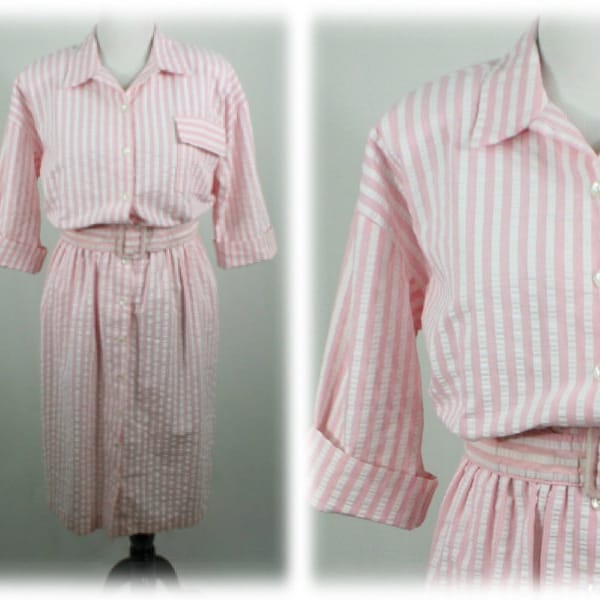 Vintage 1980s Dress Pink White Seersucker Shirt Dress Size 16