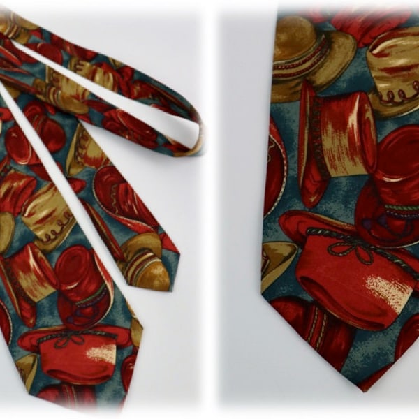 Vintage Necktie Silk Hugo Boss Fedora Hat Print Tie Italy