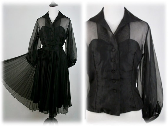 1950s Blouse and Skirt Set Black Illusion Blouse P