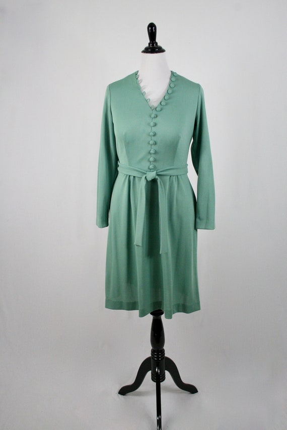 Vintage 1970s Dress Sage Green Knit Buttons Flare… - image 2