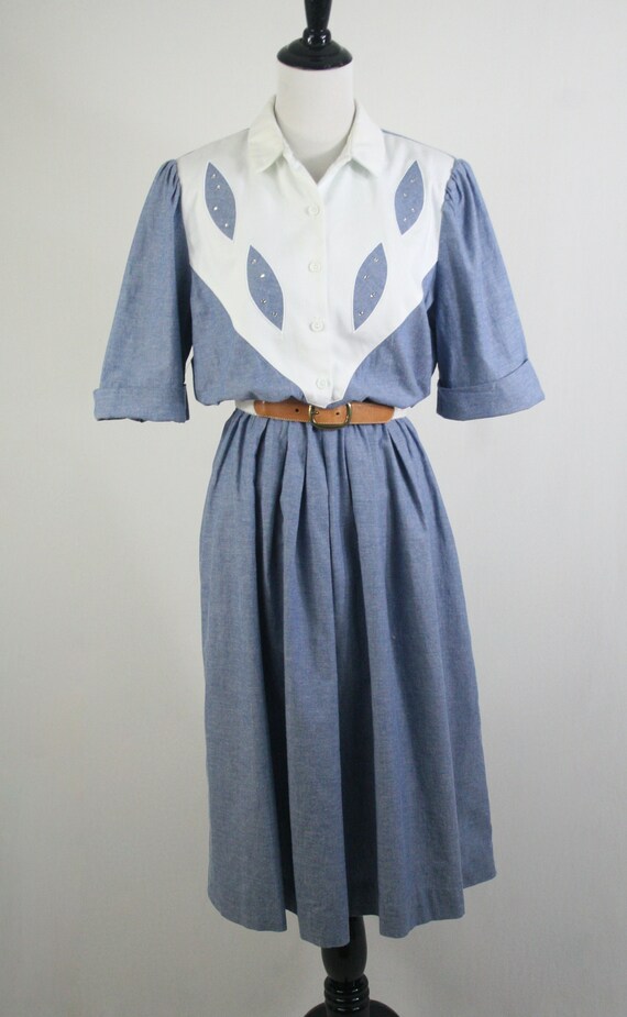 Vintage 1980s Dress Leslie Fay Chambray Shirt Dre… - image 3