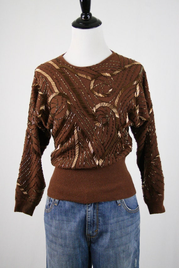 1980s Sweater Beaded Dolman Sleeve Pullover Sweat… - image 3