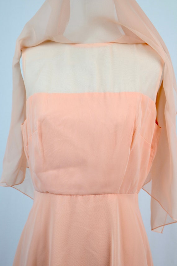 Vintage 1970s Dress Peach Chiffon Long Bridesmaid… - image 9