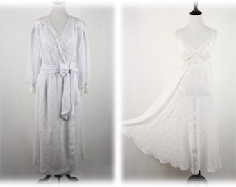 1980s Natori Peignoir Set Sheer Bridal White Nightgown Robe Set Saks Fifth Avenue