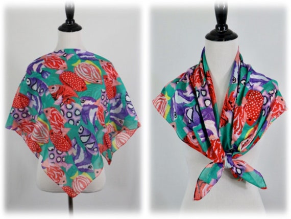 Vintage Scarf Echo Tropical Fish Large Square Cot… - image 1