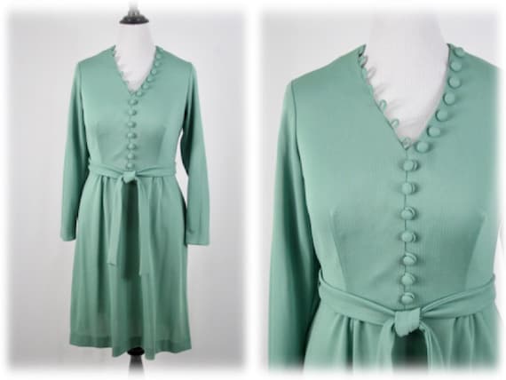 Vintage 1970s Dress Sage Green Knit Buttons Flare… - image 1