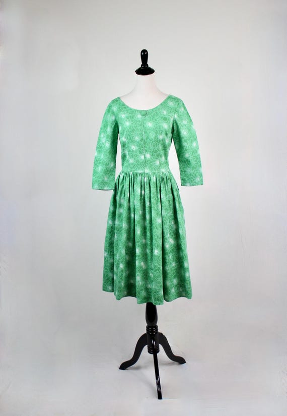 Vintage 1950s Dress Green Cotton Fit and Flare Dress