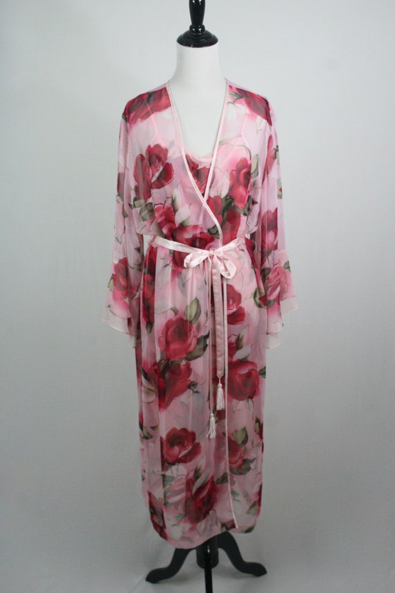 Vintage 1990s Peignoir Set Roses Printed Chiffon … - image 2