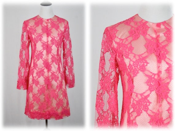 1960s Lace Dress Hot Pink Lace Sheath Bridesmaid … - image 1