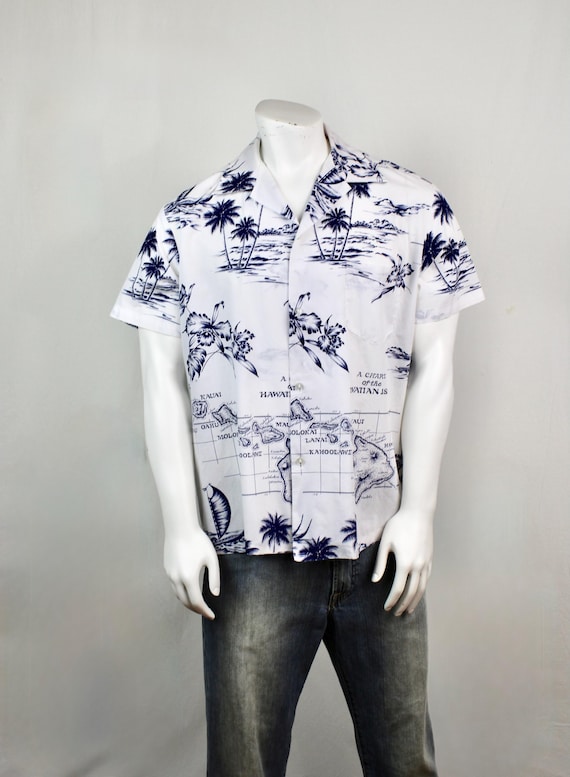 Vintage Hawaiian Shirt Kai Nani Hawaii Maps Shirt XL