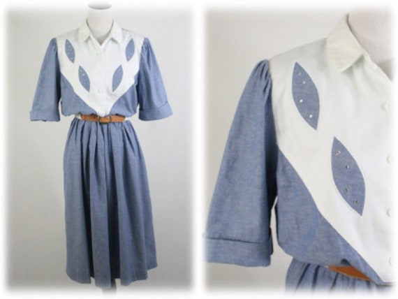 Vintage 1980s Dress Leslie Fay Chambray Shirt Dre… - image 1