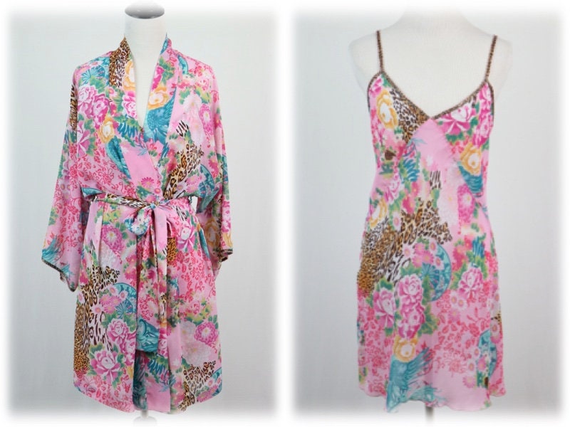 Vintage Peignoir Set Josie Natori Short Robe and Night Gown Set