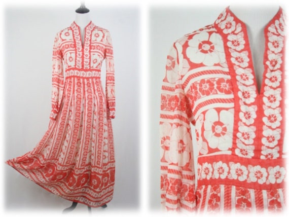 1970s Maxi Dress Red Floral Voile Long Boho Dress
