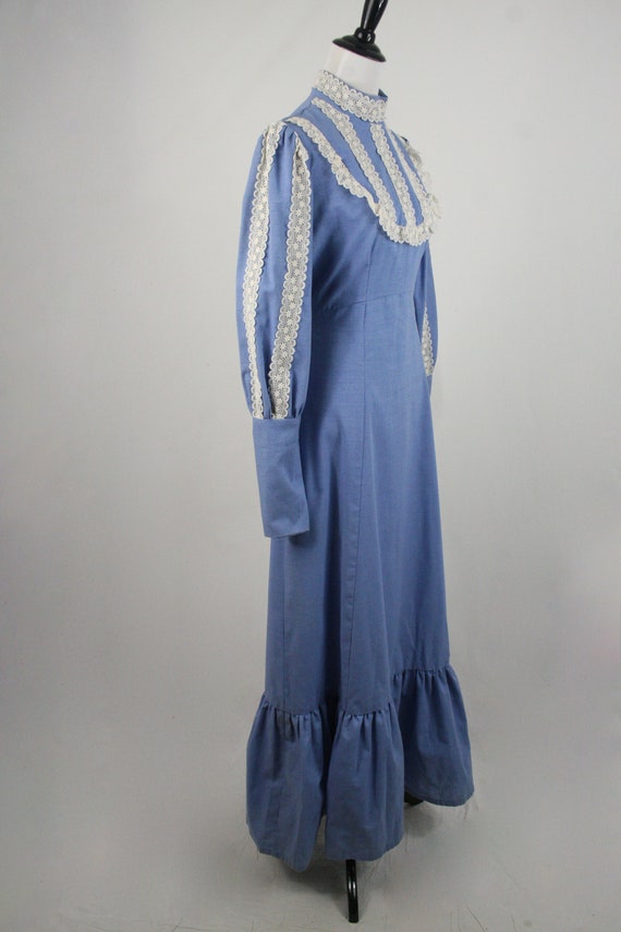 1970s Maxi Dress Blue Cotton Granny Long Dress - Gem