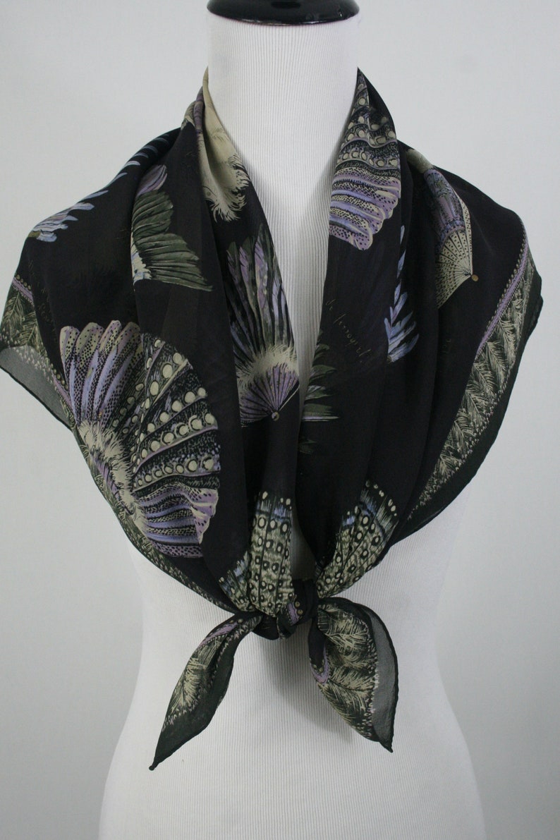 Vintage Scarf Worth Large Square Chiffon 1920s Feather Fans Scarf image 7