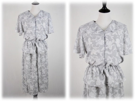 1980s Skirt Blouse Set Gray Orchid Print Peplum S… - image 1